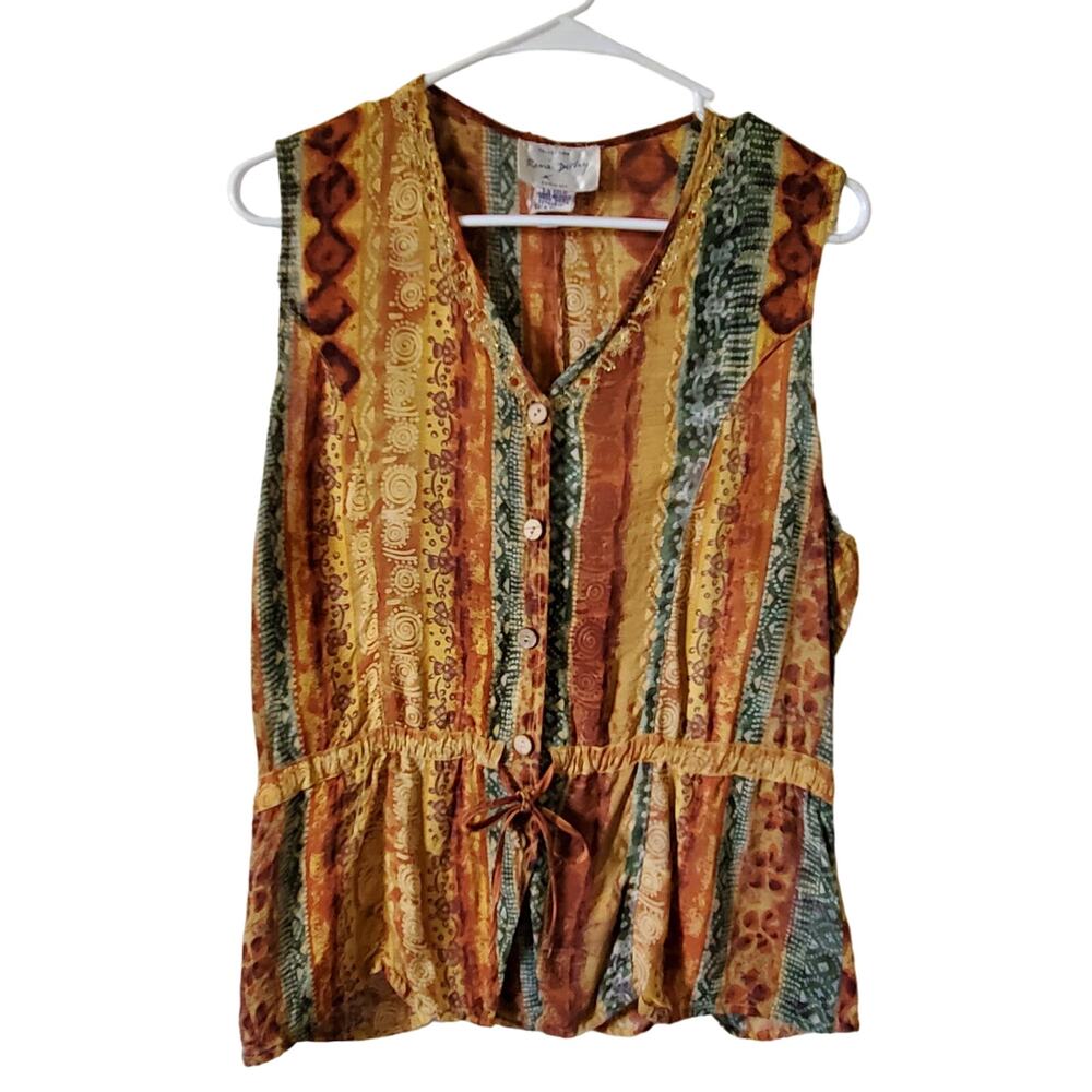 Vintage Rene Derhy Top Womens L Brown Blue Button Up Sleeveless Boho Batik
